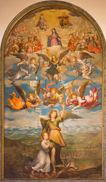 TURIN, ITALY - MARCH 13, 2017: The painting of Archangel Raphael, angels, Virgin Mary and Holy Trinity in Duomo by unknown artist of 17. cent.