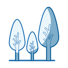 blue shading silhouette of abstract trees set with foliage in shape oval vector illustration