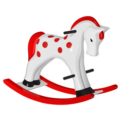 Детская игрушечная белая лошадка-качалка с красными полозьями, гривой и хвостом, с черными ручками и копытами, на белом фоне
