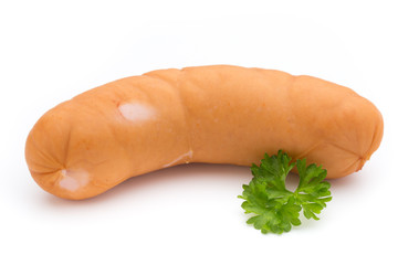 Sausage and spices isolated on white background, fresh delicious frankfurter.