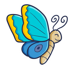 Funny and cute bright blue butterfly flying happily - vector.