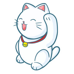 Funny and cute white happy cat waving its hand - vector