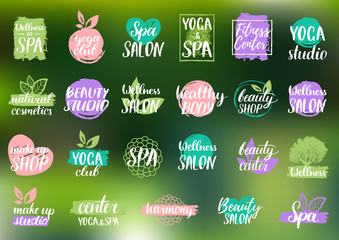 Vector health and beauty care labels. Spa, yoga centers badges. Wellness signs. Hand drawn tags and elements.