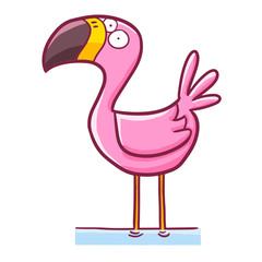 Funny pink flamingo standing in cartoon style - vector.