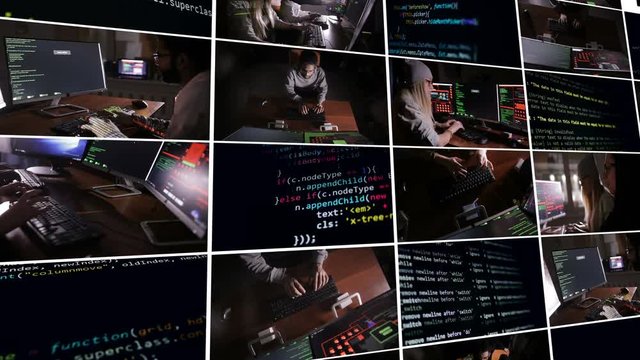 Computer hackers team hacking, trying to gain access to a computer system. Videowall montage. 4K.