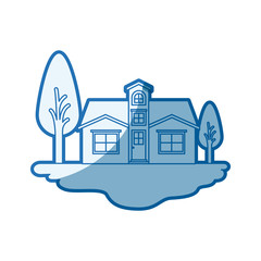 blue shading silhouette scene of outdoor landscape and facade house with attic vector illustration