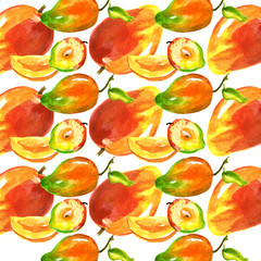     Watercolor seamless pattern, background with a pattern of tropical mango fruit. On a white background. 
