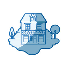 blue shading silhouette scene of outdoor landscape and house with two floors with attic and awning vector illustration