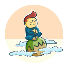 Cool and funny businessman get meditation among the clouds - vector.