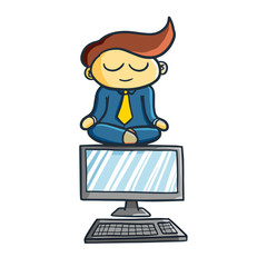Cool businessman get meditation on monitor - vector.