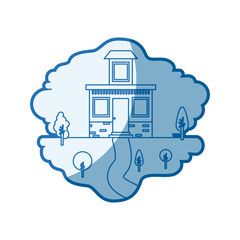 blue shading silhouette scene of natural landscape and house with small attic vector illustration