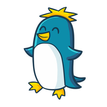 Funny and cute blue penguin standing and smiling happily - vector.