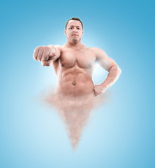 Genie of the lamp with smoke isolated on blue. Sport concept.