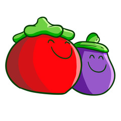 Cute tomato and eggplant smiling happily together - vector.