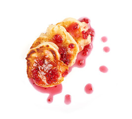 Hot pancakes with red currant jam isolated on white background