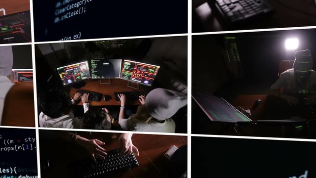 Team of multiethnic IT professionals working with computers in dark, hacking computer system. Multiple screen montage.