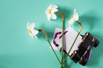 Black binoculars, narcissus flowers, eye glasses case and theater tickets. Trip to the theater. Top view. Neutral background