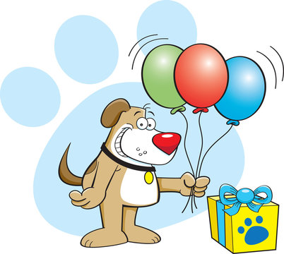 Cartoon illustration of a dog holding balloons with a gift.