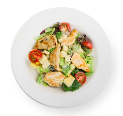 Restaurant food closeup - salad with roasted chicken fillet and