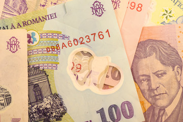 Close up Romanian currency note, LEI or LEU, Romania