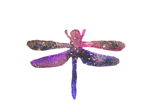 Watercolor dragonfly in beautiful colors of space