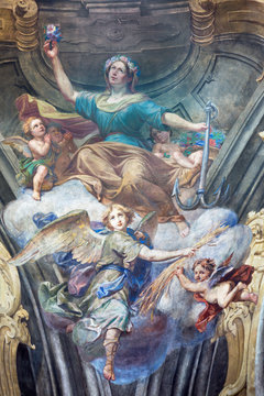 TURIN, ITALY - MARCH 13, 2017: The fresco of cardinal virtues of Hope in cupola of Chiesa della Visitazione by Michele Antonio Milocco  (1690 - 1772).