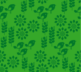 Vector seamless pattern with sunflower floral, birds and wheat, ears, grains. Natural concept modern repeatable motif for surface design.