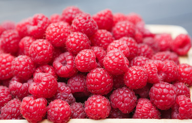 Basket with raspberries closeup, summer harvest