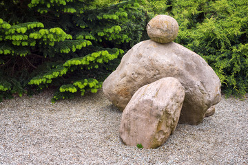 Japanese zen stone garden. Landscape green park with stones in asian style