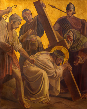 BERLIN, GERMANY, FEBRUARY - 16, 2017:  The paint on the metal plate - Jesus fall under cross in church St. Matthew  by Philipp Schumacher (1907 - 1915).