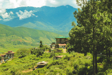 Obraz premium Bhutanese village and terraced field at Punakha, Bhutan