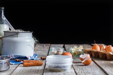 Ingredients for making dough - flour, milk, eggs
