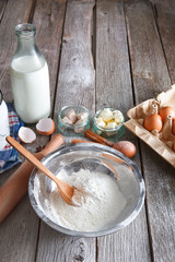 Cooking ingredients for baking, eggs and flour