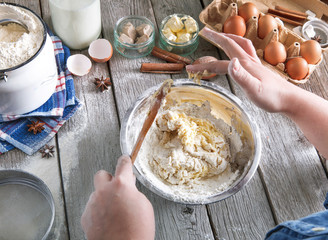 Cooking ingredients for baking, eggs, butter and flour