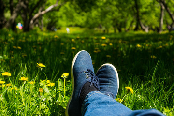 Man's feet with sneakers resting over a green grass