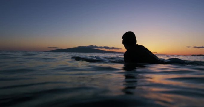 Sunset Surfer Silhouette Paddling Surfboard