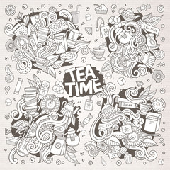 Fototapeta premium Tea time doodles hand drawn sketchy vector doodle designs