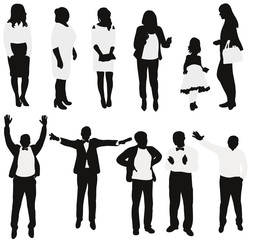 Vector, isolated silhouette black and white people, collection