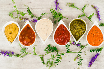Top view on a set of sauces on a light gray stone background with a fresh herbs of mouse peas.