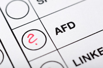 Stimmzettel, Ausschnitt, im Kreis bei AFD ein rotes Fragezeichen