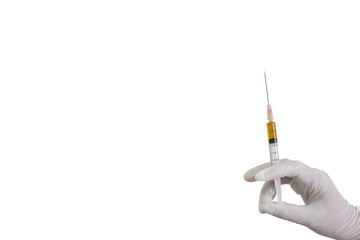 Doctor hand holding syringe with isolated on white background.