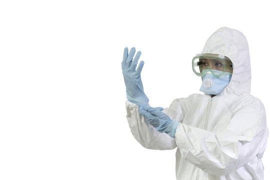 Woman Wearing Gloves With Biohazard Chemica Protective Suit. Isolated On White Background.