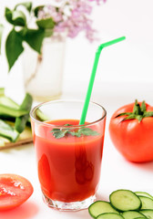 Morning tasty tomato juice and cucumbres