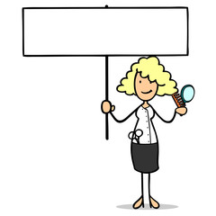 Cartoon Frau als Friseurin hält leeres Schild