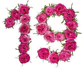 Arabische Zahl 19, neunzehn, eins, aus roten Rosenblüten, isoliert auf weißem Hintergrund