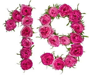 Nahtlose Fototapete Airtex Blumen Arabische Zahl 19, neunzehn, eins, aus roten Rosenblüten, isoliert auf weißem Hintergrund