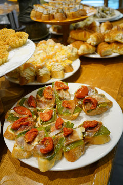 Spanish fingerfood and tapas set on bar counter