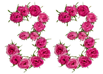 Arabic numeral 33, thirty three, from red flowers of rose, isolated on white background