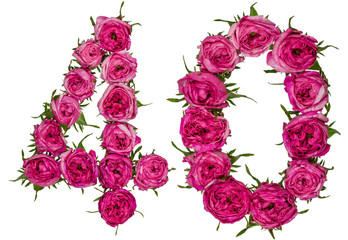 Arabic numeral 40, forty, from red flowers of rose, isolated on white background