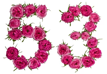 Fotobehang Bloemen Arabisch cijfer 53, drieënvijftig, van rode bloemen van roos, geïsoleerd op een witte achtergrond